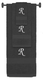 Charcoal monogrammed towel set with Silver thread, Chancery font, initial R - 540 GSM cotton 3-piece