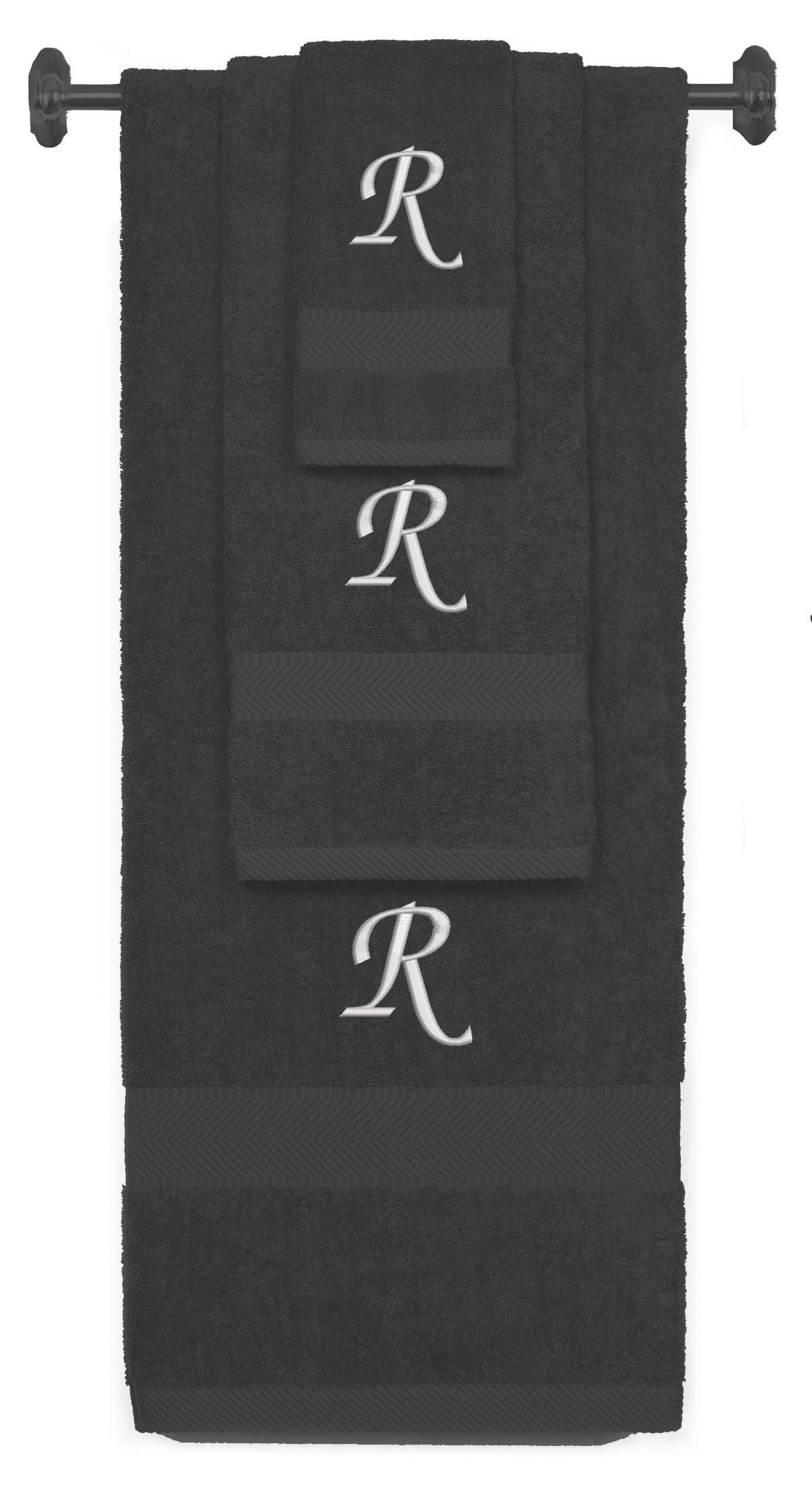 Charcoal monogrammed towel set with Silver thread, Chancery font, initial R - 540 GSM cotton 3-piece