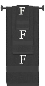 Charcoal monogrammed towel set with White thread, Times New Roman font, initial F - 540 GSM cotton 3-piece