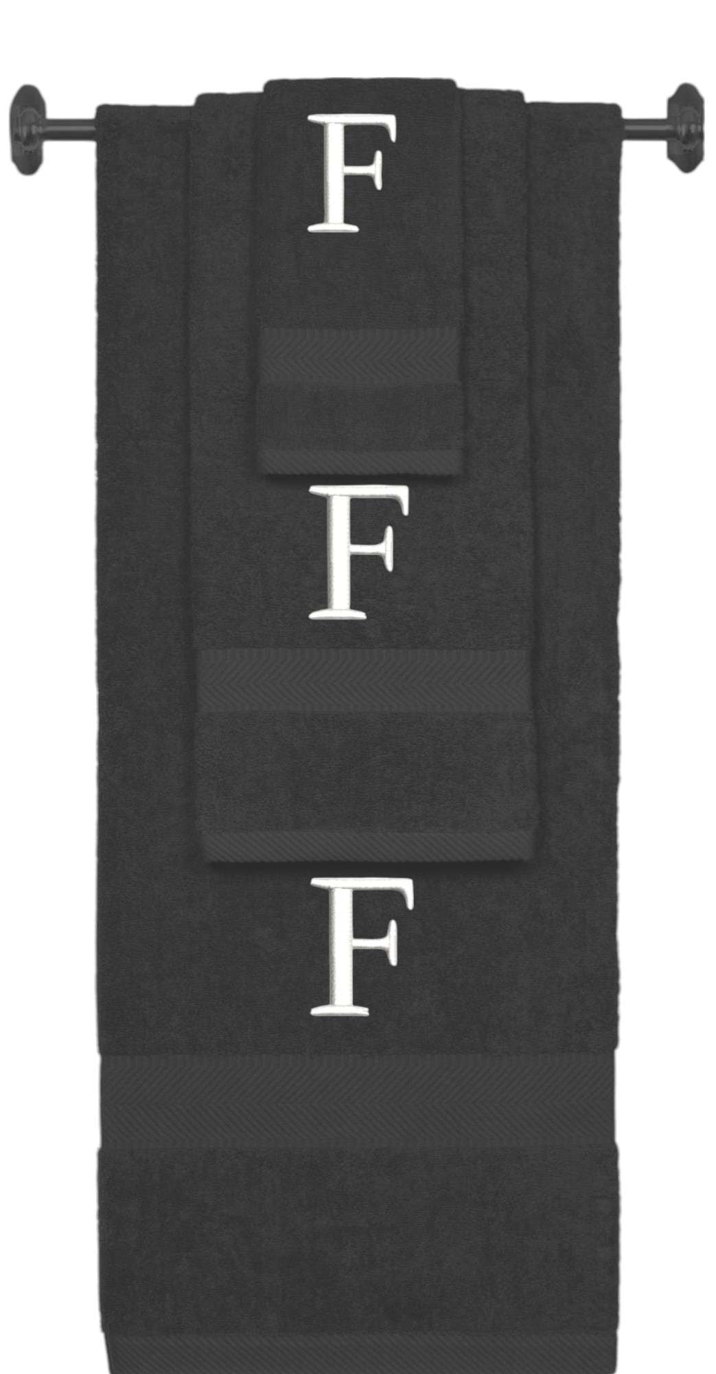 Charcoal monogrammed towel set with White thread, Times New Roman font, initial F - 540 GSM cotton 3-piece