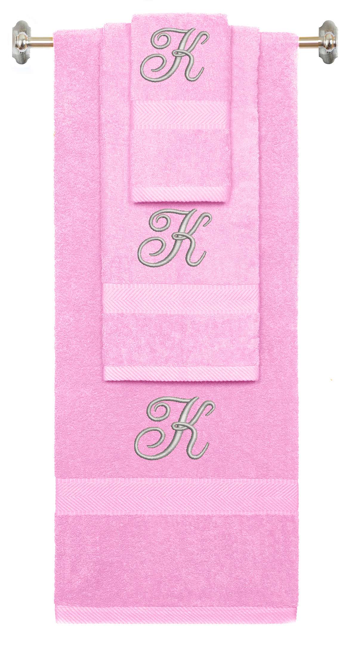 Pink monogrammed towel set with Silver thread, Diana Script font, initial K - 540 GSM cotton 3-piece