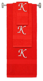 Red monogrammed towel set with Silver thread, Chancery font, initial K - 540 GSM cotton 3-piece