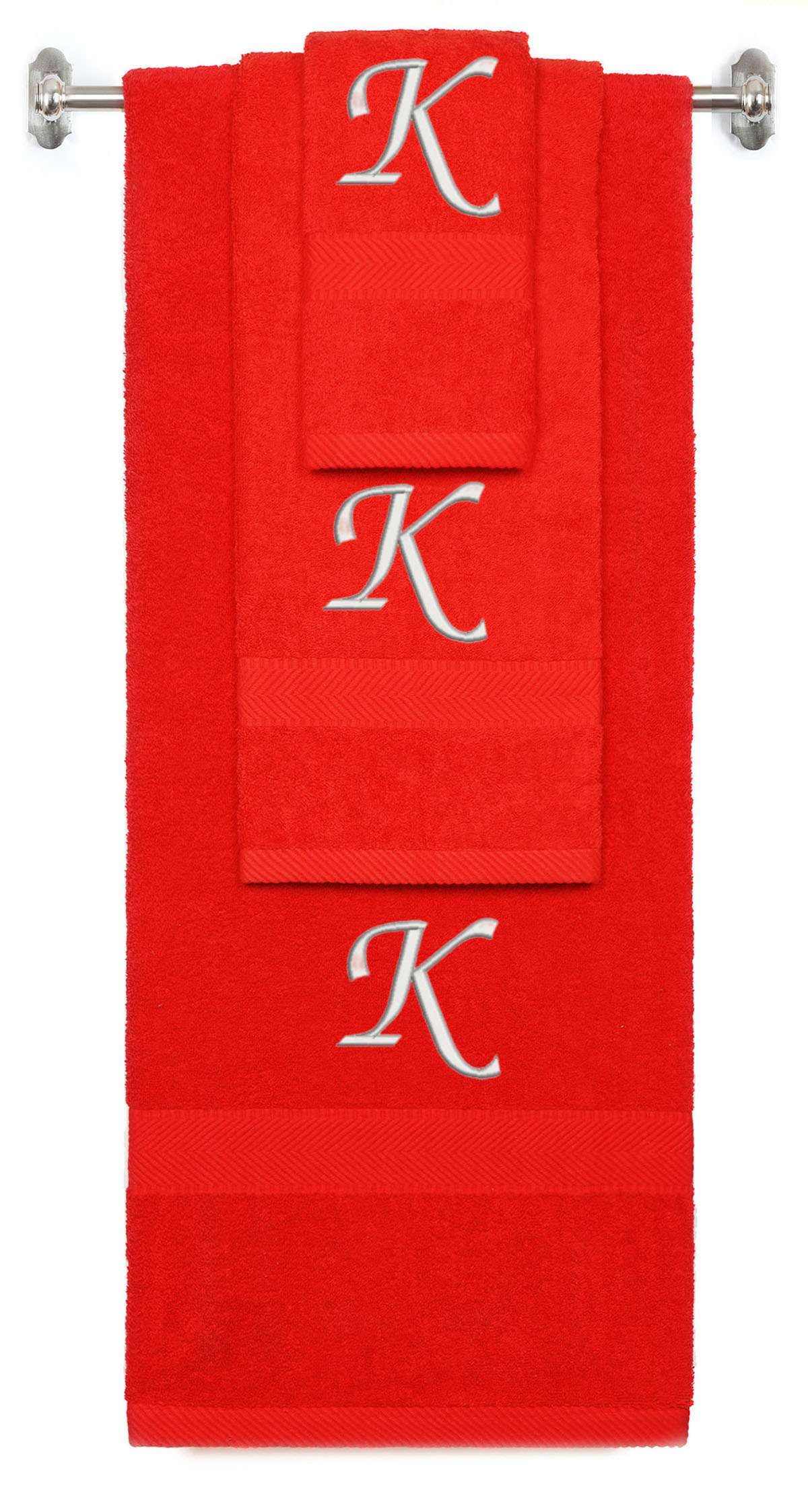 Red monogrammed towel set with Silver thread, Chancery font, initial K - 540 GSM cotton 3-piece