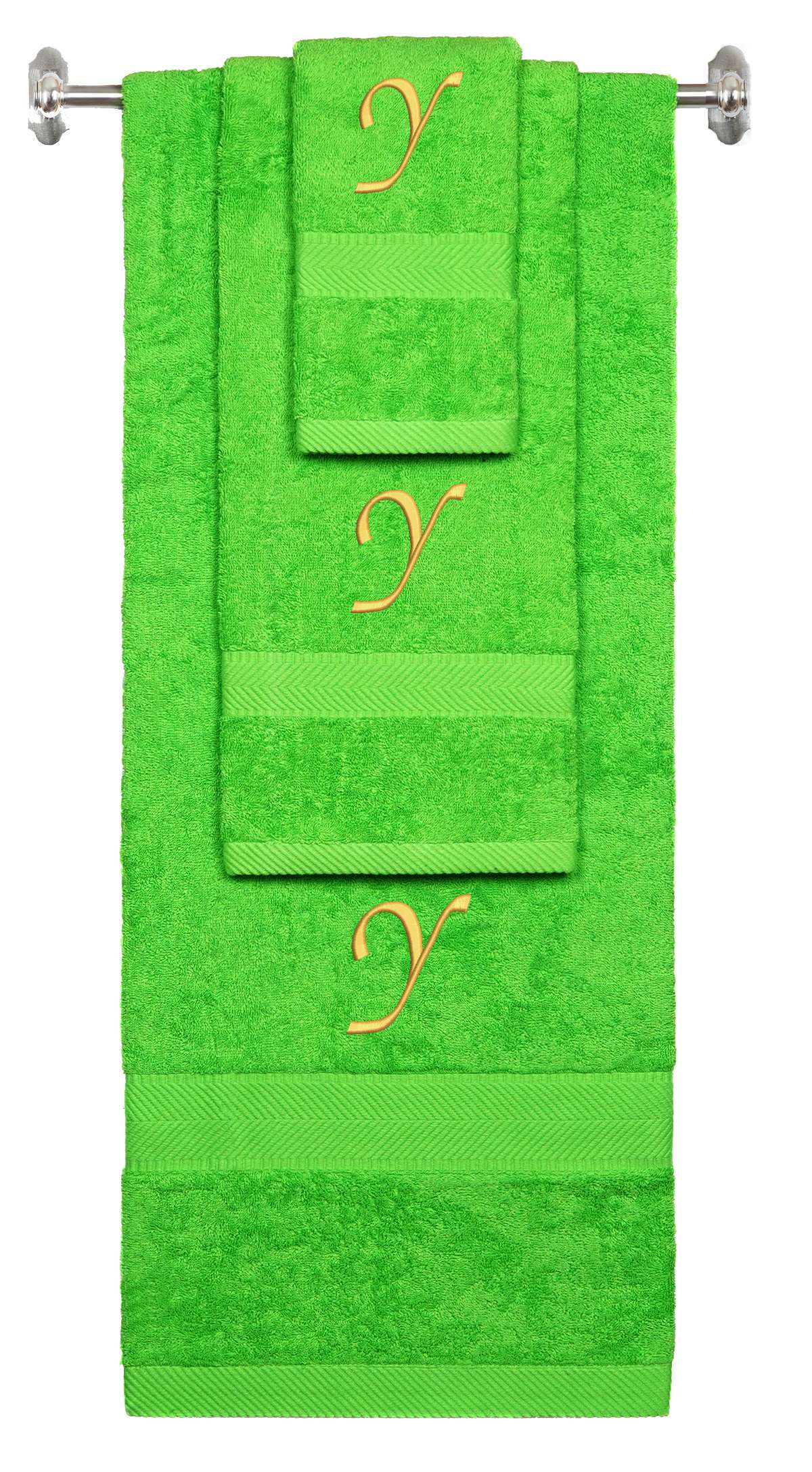 Lime monogrammed towel set with Gold thread, Chancery font, initial Y - 540 GSM cotton 3-piece