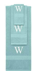 Nautical Teal monogrammed towel set with White thread, Times New Roman font, initial W - 540 GSM cotton 3-piece