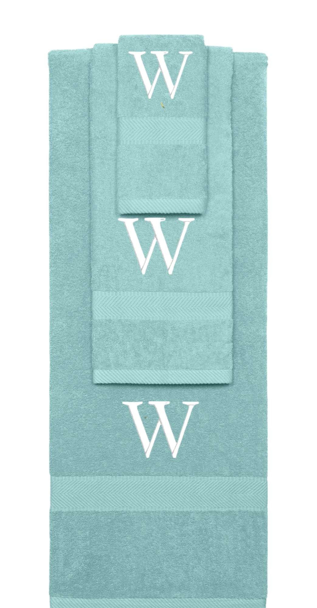 Nautical Teal monogrammed towel set with White thread, Times New Roman font, initial W - 540 GSM cotton 3-piece