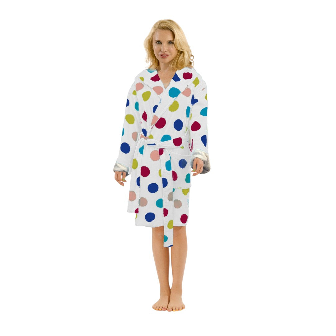 360 GSM Polka Dot Hooded Velour Robe for Women - Knee Length
