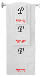 White monogrammed towel set with Black thread, Chancery font, initial P - 540 GSM cotton 3-piece