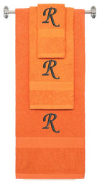 Orange monogrammed towel set with Black thread, Chancery font, initial R - 540 GSM cotton 3-piece