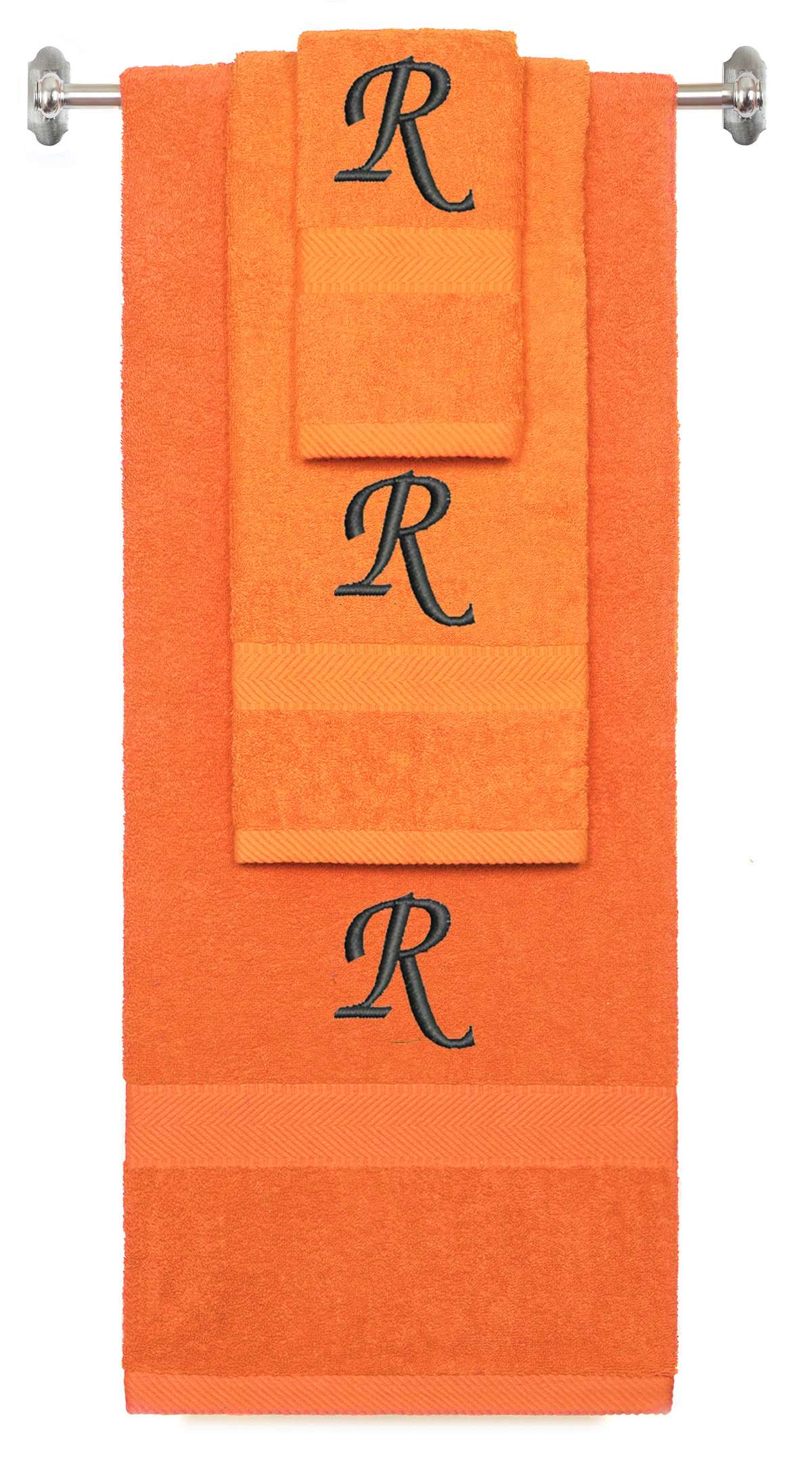 Orange monogrammed towel set with Black thread, Chancery font, initial R - 540 GSM cotton 3-piece