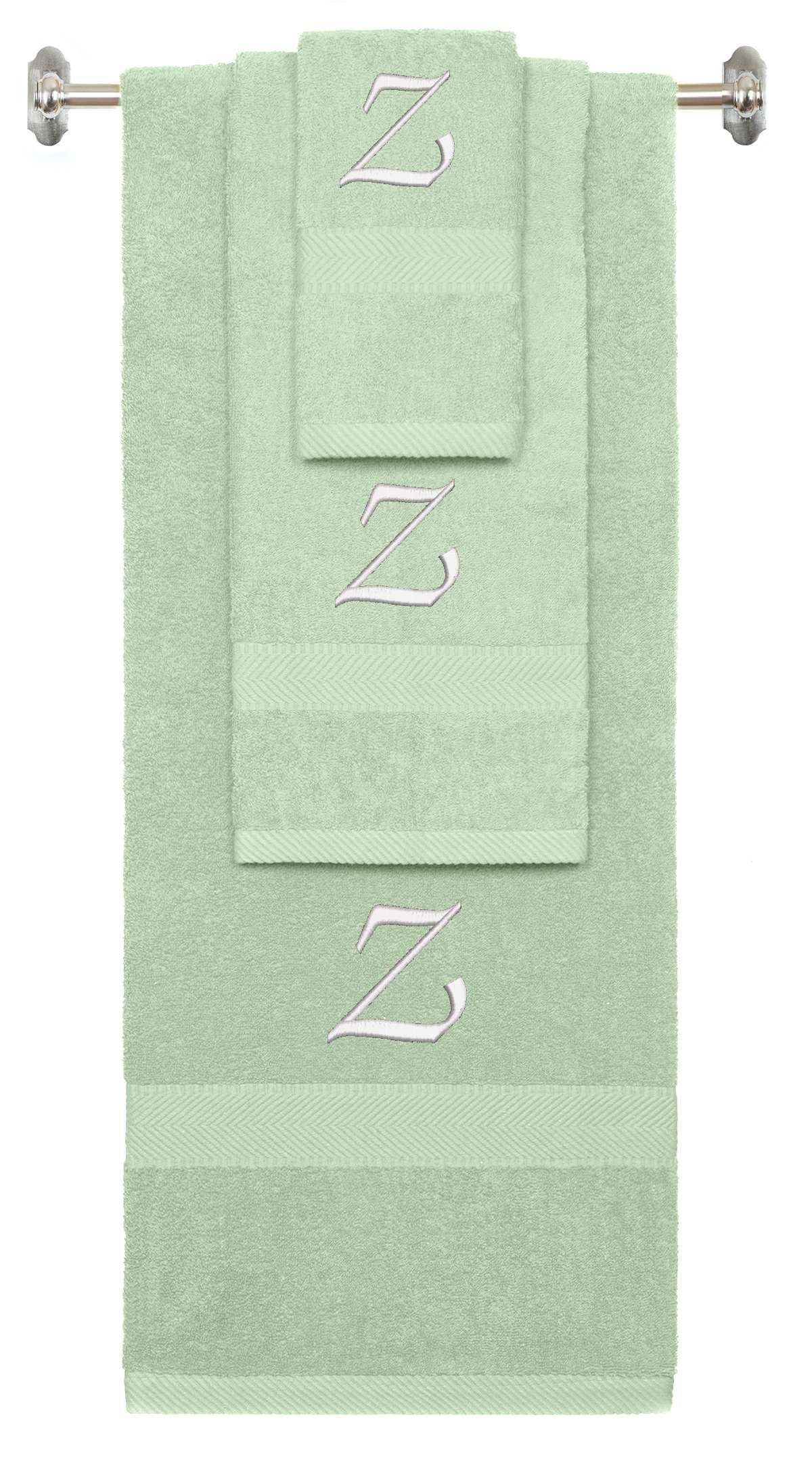 Mint Green monogrammed towel set with White thread, Chancery font, initial Z - 540 GSM cotton 3-piece