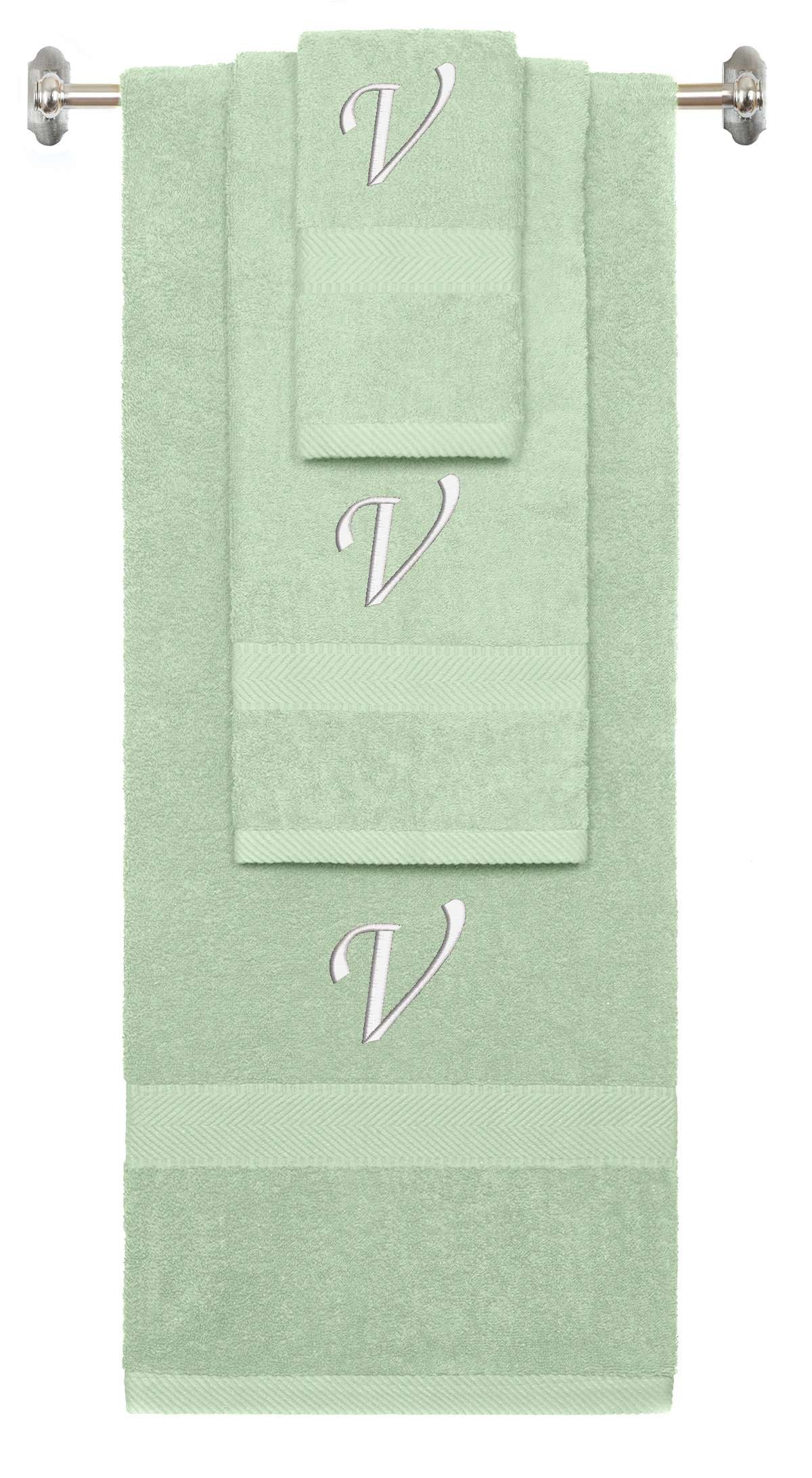 Mint Green monogrammed towel set with White thread, Chancery font, initial V - 540 GSM cotton 3-piece