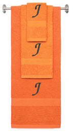 Orange monogrammed towel set with Black thread, Chancery font, initial J - 540 GSM cotton 3-piece
