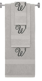 Silver monogrammed towel set with Black thread, Diana Script font, initial W - 540 GSM cotton 3-piece