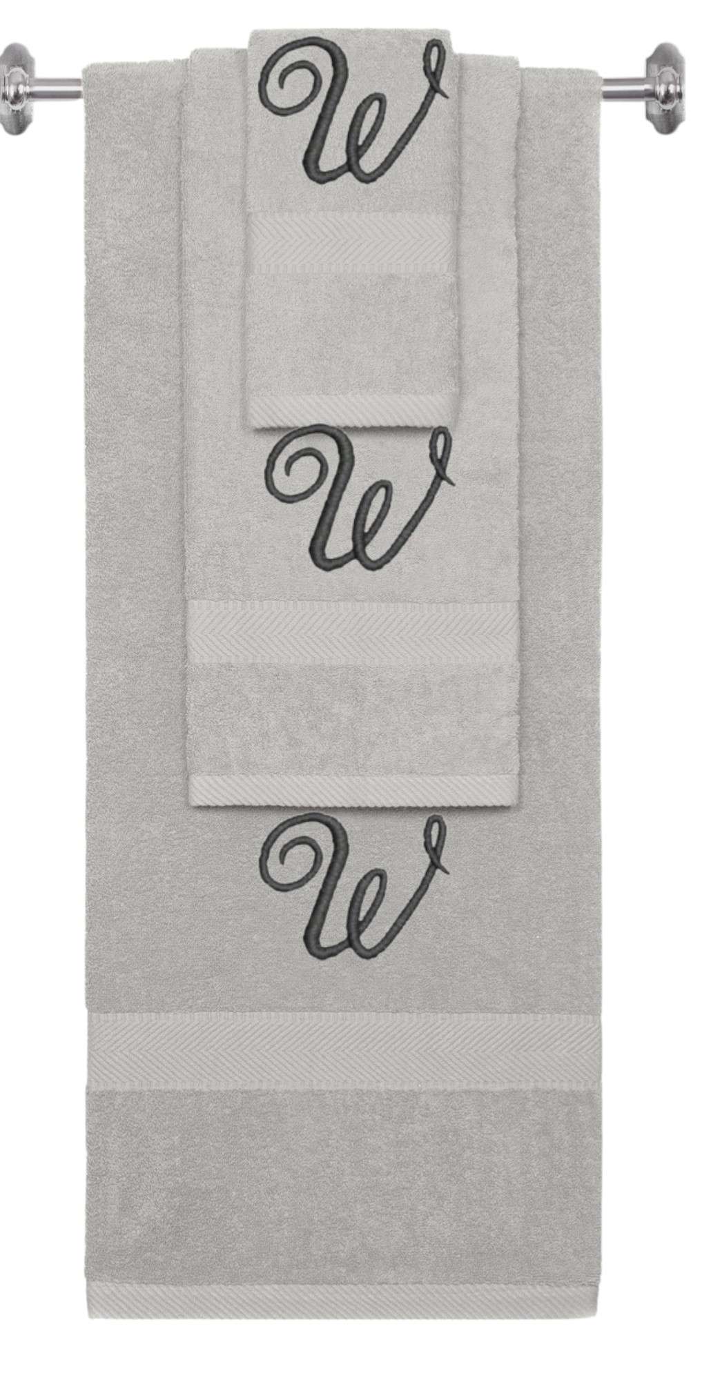 Silver monogrammed towel set with Black thread, Diana Script font, initial W - 540 GSM cotton 3-piece