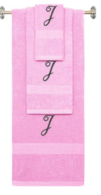 Pink monogrammed towel set with Black thread, Diana Script font, initial J - 540 GSM cotton 3-piece