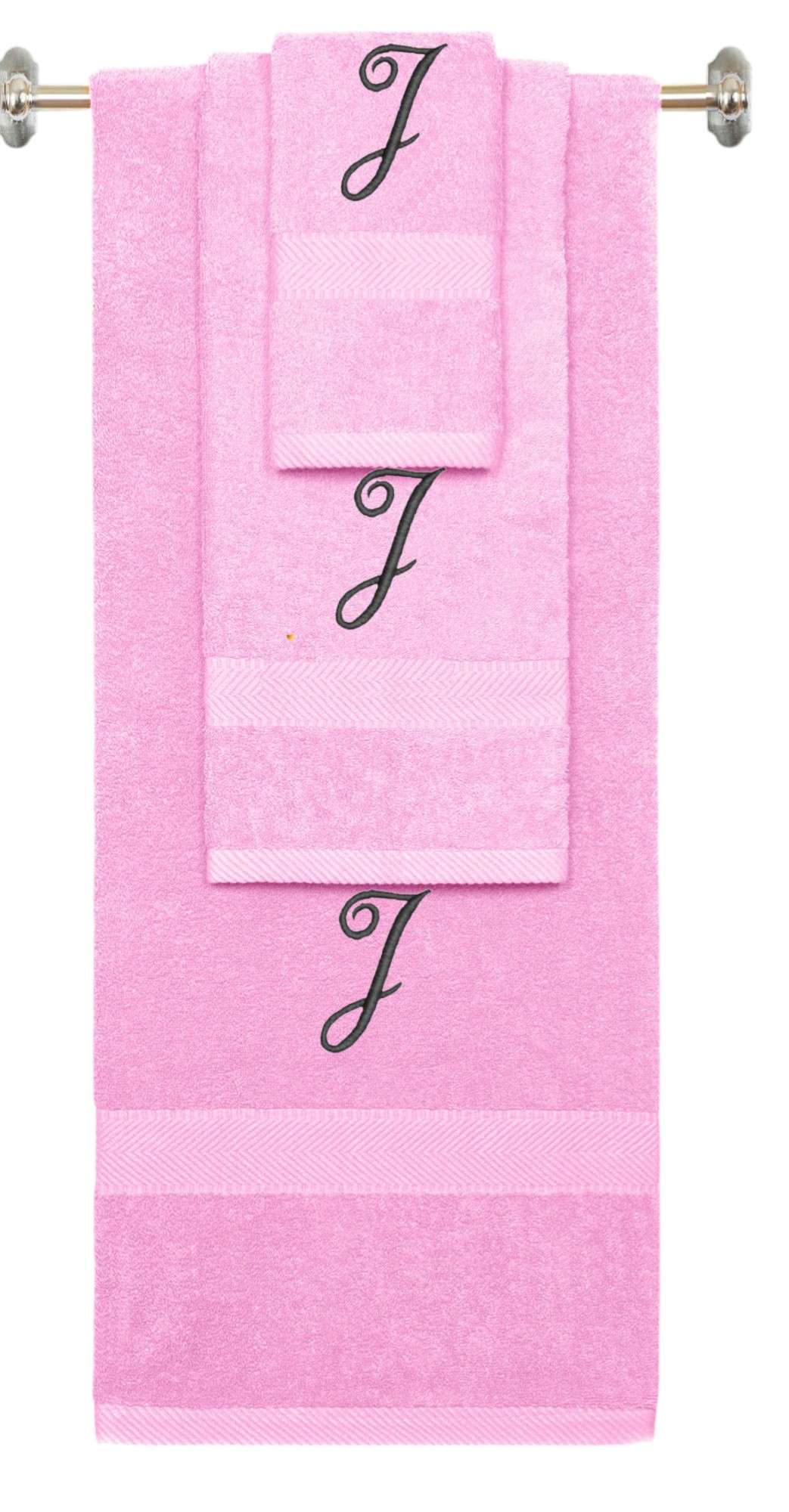 Pink monogrammed towel set with Black thread, Diana Script font, initial J - 540 GSM cotton 3-piece