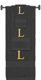 Charcoal monogrammed towel set with Gold thread, Times New Roman font, initial L - 540 GSM cotton 3-piece