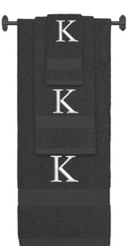 Charcoal monogrammed towel set with Silver thread, Times New Roman font, initial K - 540 GSM cotton 3-piece