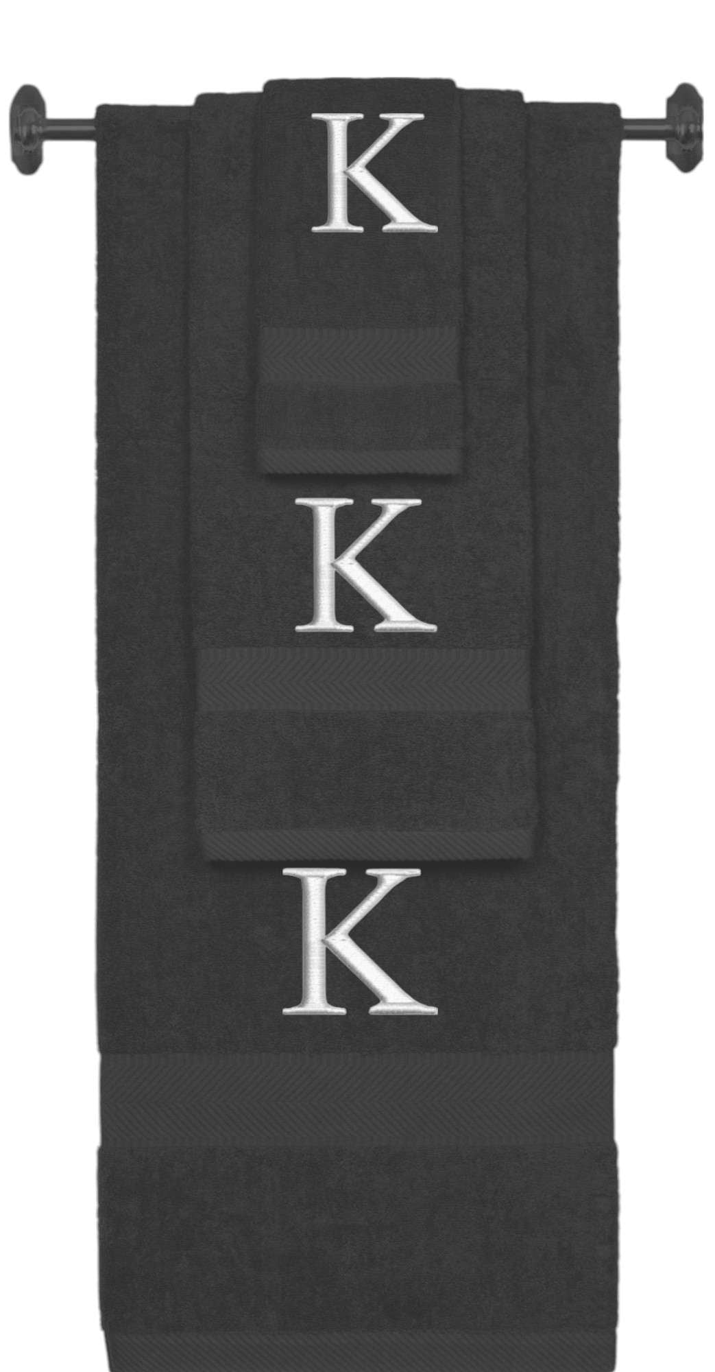 Charcoal monogrammed towel set with Silver thread, Times New Roman font, initial K - 540 GSM cotton 3-piece