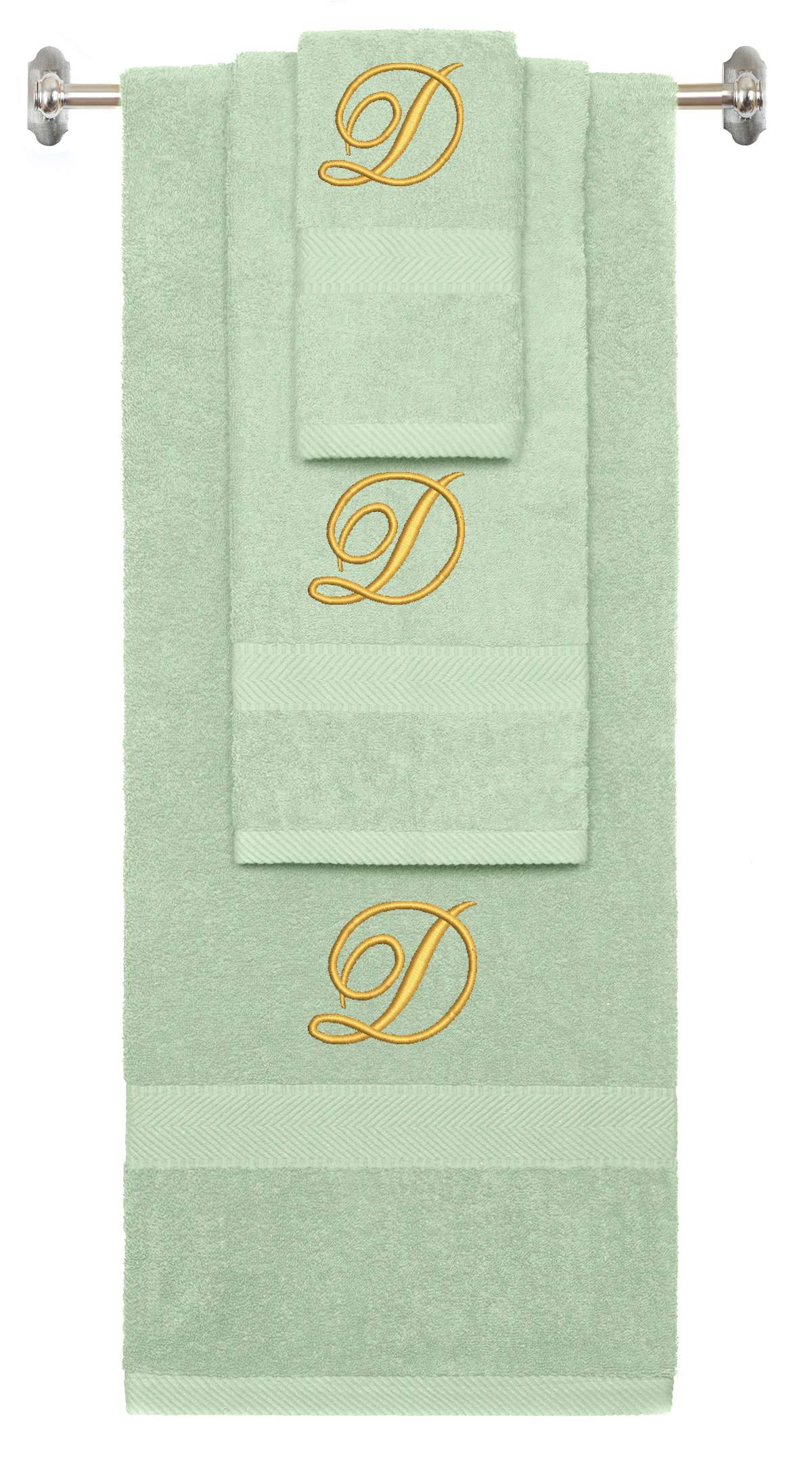 Mint Green monogrammed towel set with Gold thread, Diana Script font, initial D - 540 GSM cotton 3-piece