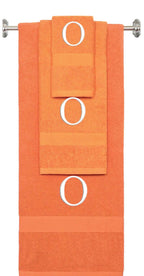 Orange monogrammed towel set with White thread, Times New Roman font, initial O - 540 GSM cotton 3-piece