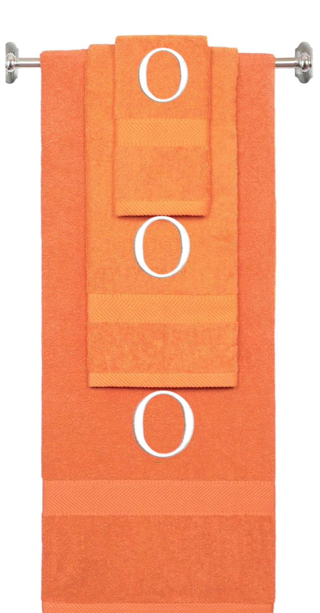 Orange monogrammed towel set with White thread, Times New Roman font, initial O - 540 GSM cotton 3-piece