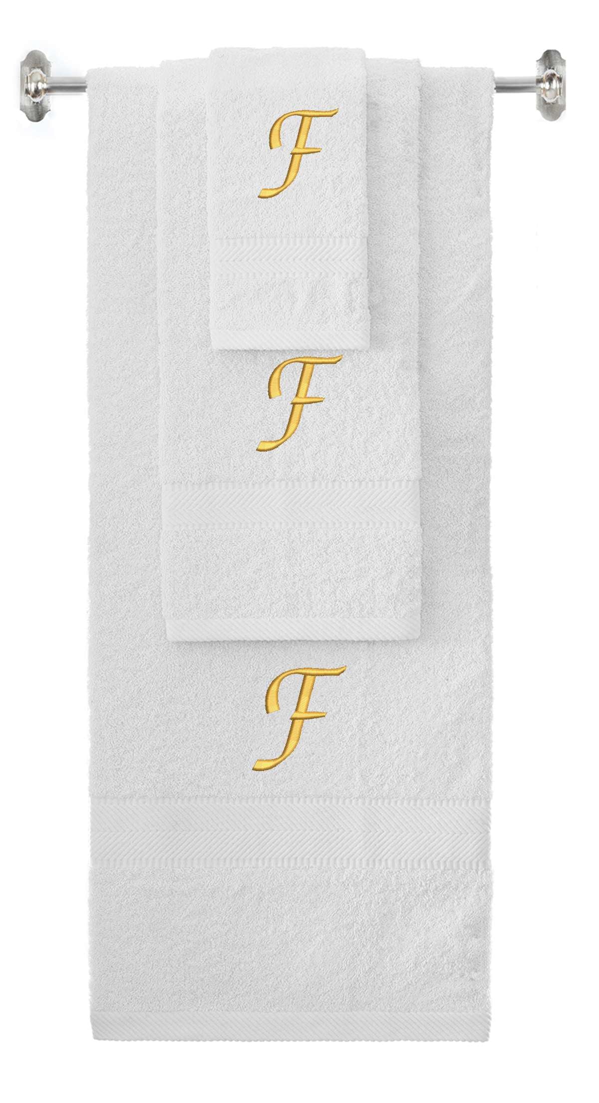 White monogrammed towel set with Gold thread, Chancery font, initial F - 540 GSM cotton 3-piece