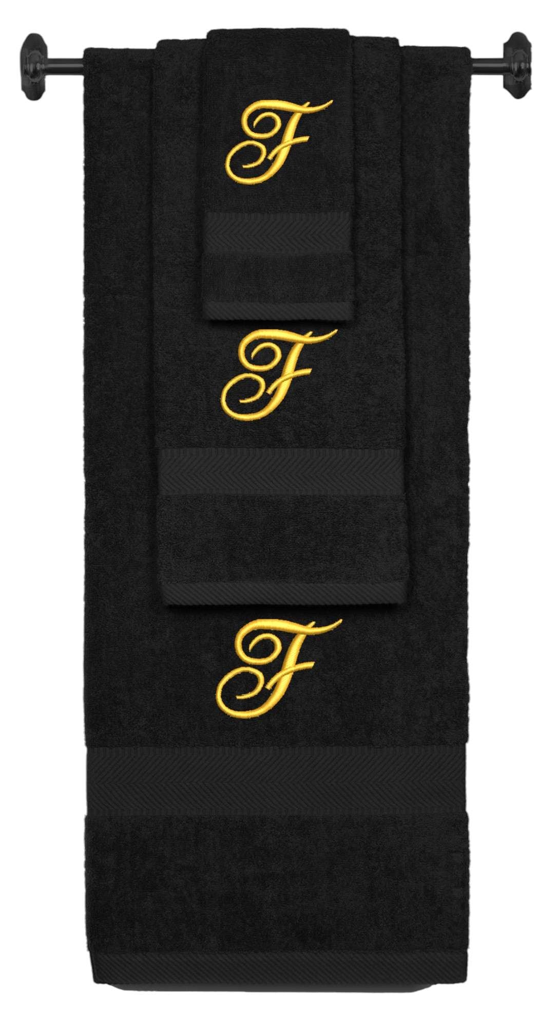 Black monogrammed towel set with Gold thread, Diana Script font, initial F - 540 GSM cotton 3-piece