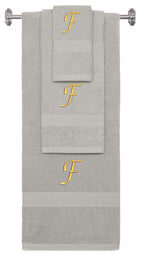 Silver monogrammed towel set with Gold thread, Chancery font, initial F - 540 GSM cotton 3-piece