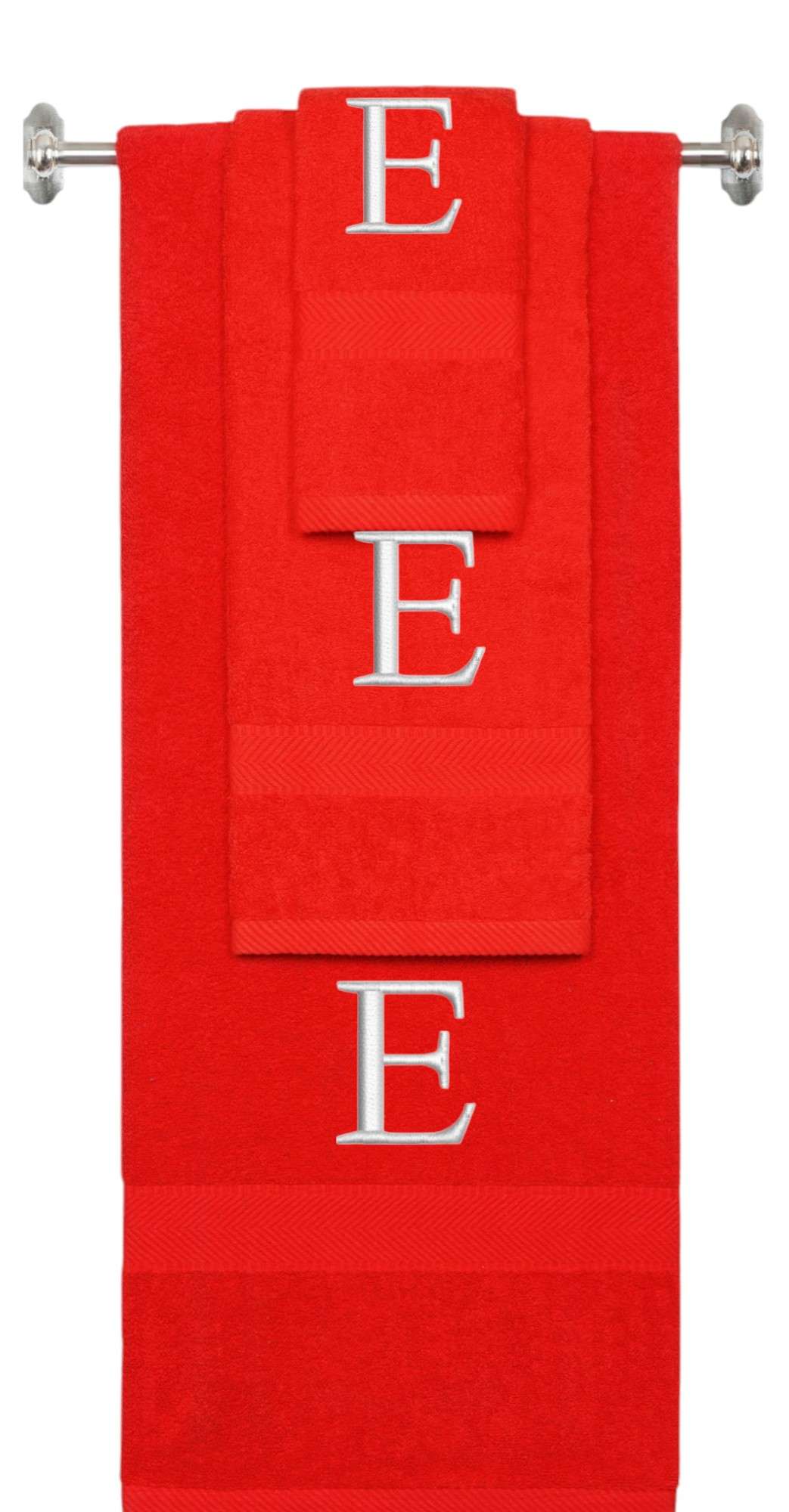 Red monogrammed towel set with Silver thread, Times New Roman font, initial E - 540 GSM cotton 3-piece
