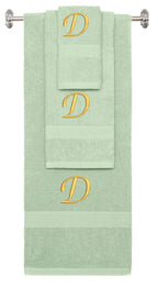 Mint Green monogrammed towel set with Gold thread, Chancery font, initial D - 540 GSM cotton 3-piece