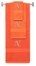 Orange monogrammed towel set with Silver thread, Chancery font, initial N - 540 GSM cotton 3-piece