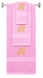 Pink monogrammed towel set with Gold thread, Diana Script font, initial R - 540 GSM cotton 3-piece