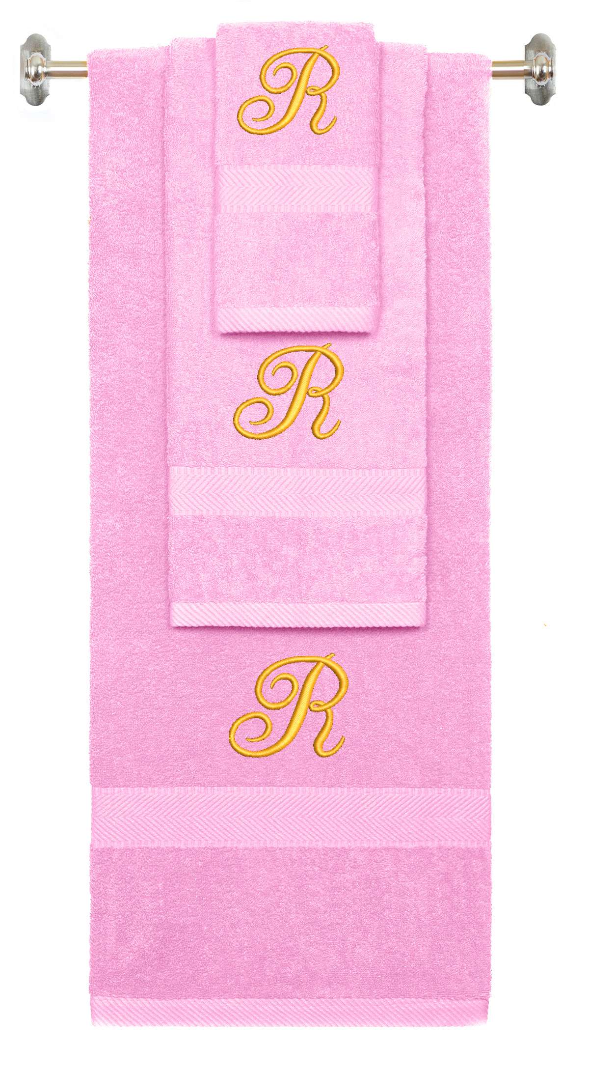Pink monogrammed towel set with Gold thread, Diana Script font, initial R - 540 GSM cotton 3-piece