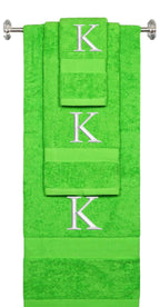 Lime monogrammed towel set with Silver thread, Times New Roman font, initial K - 540 GSM cotton 3-piece