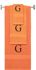 Orange monogrammed towel set with Black thread, Times New Roman font, initial G - 540 GSM cotton 3-piece