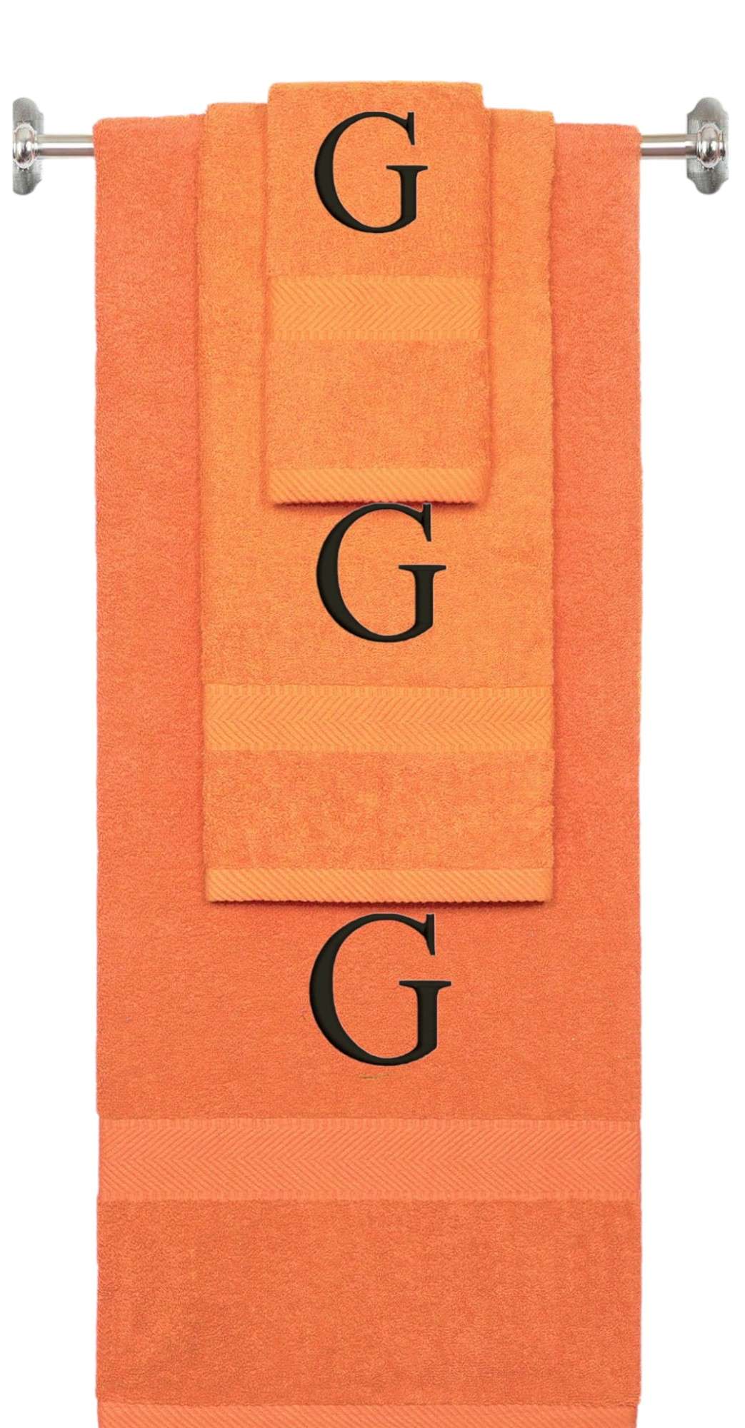 Orange monogrammed towel set with Black thread, Times New Roman font, initial G - 540 GSM cotton 3-piece