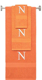Orange monogrammed towel set with White thread, Times New Roman font, initial N - 540 GSM cotton 3-piece