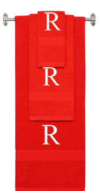 Red monogrammed towel set with White thread, Times New Roman font, initial R - 540 GSM cotton 3-piece