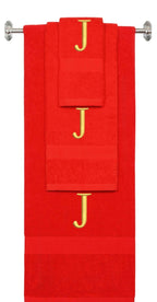 Red monogrammed towel set with Gold thread, Times New Roman font, initial J - 540 GSM cotton 3-piece