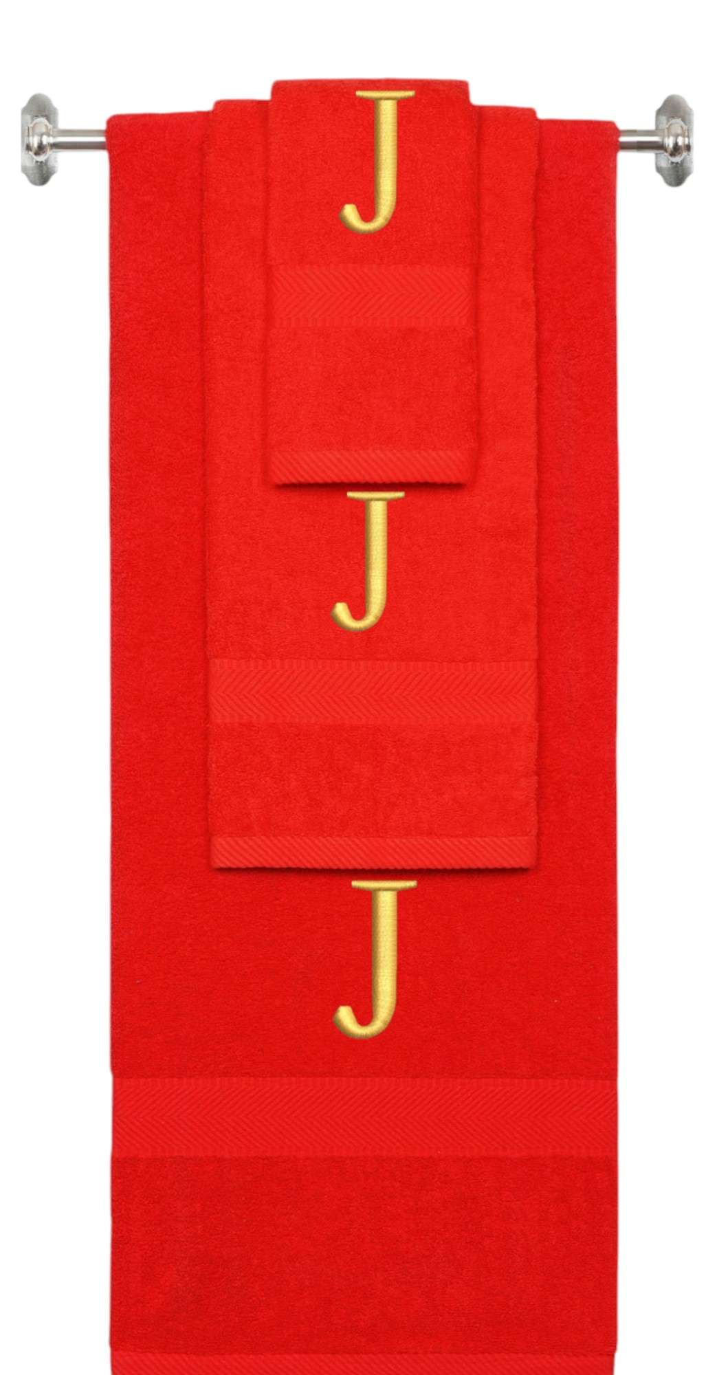 Red monogrammed towel set with Gold thread, Times New Roman font, initial J - 540 GSM cotton 3-piece
