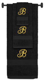 Black monogrammed towel set with Gold thread, Diana Script font, initial B - 540 GSM cotton 3-piece