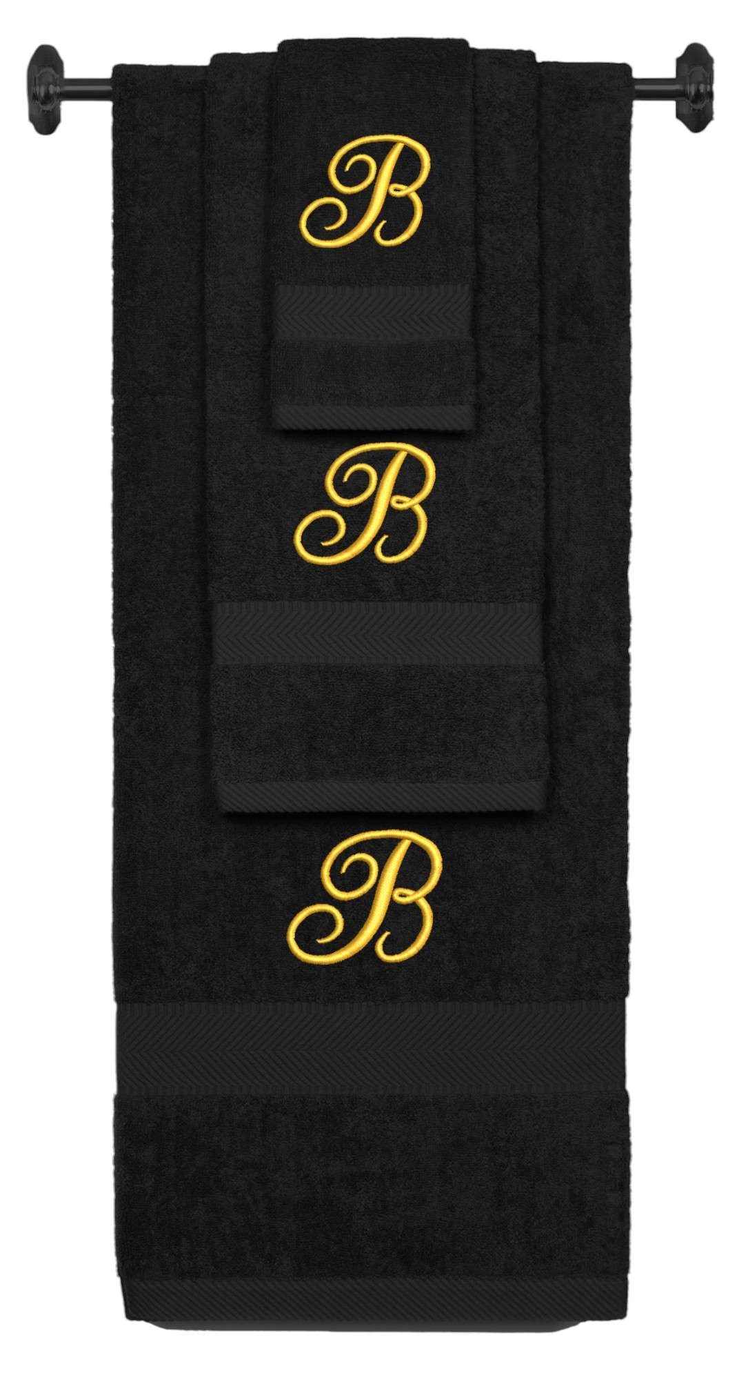 Black monogrammed towel set with Gold thread, Diana Script font, initial B - 540 GSM cotton 3-piece