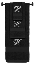 Black monogrammed towel set with Silver thread, Diana Script font, initial H - 540 GSM cotton 3-piece