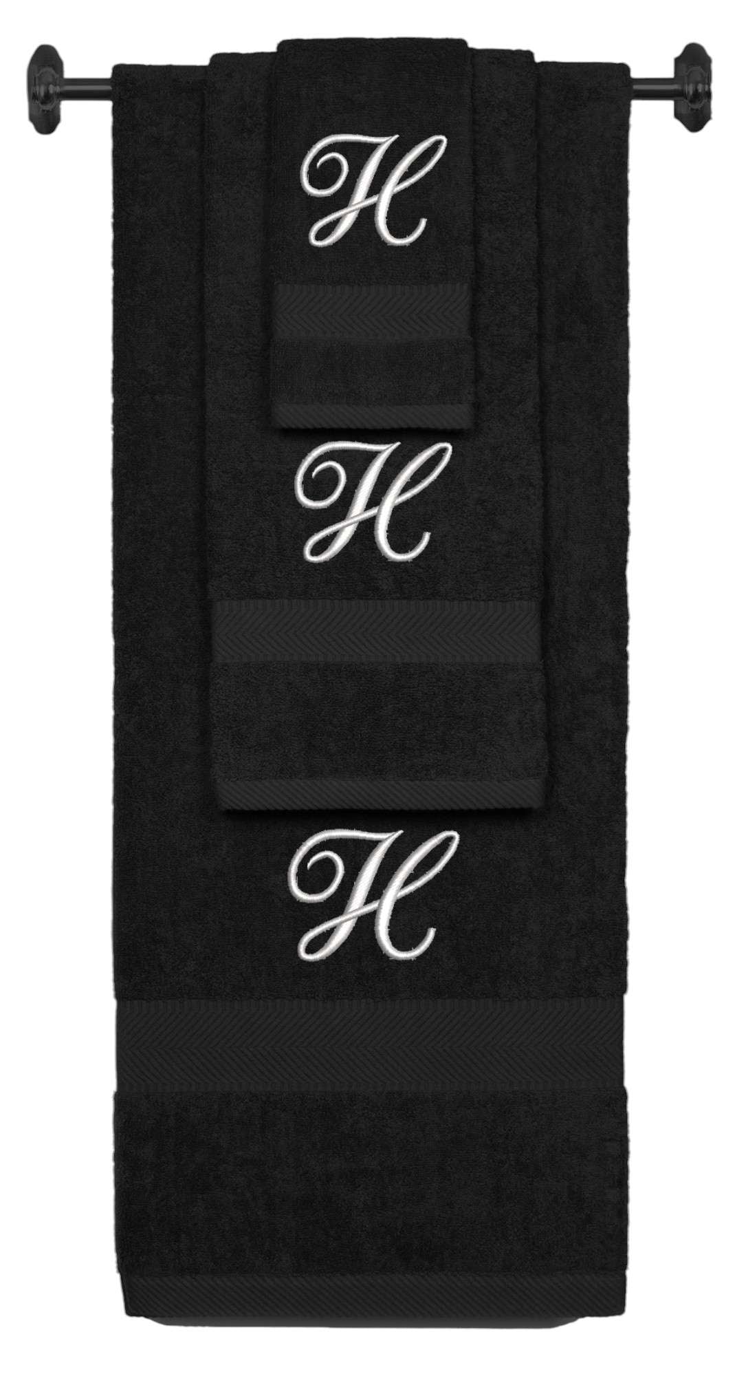 Black monogrammed towel set with Silver thread, Diana Script font, initial H - 540 GSM cotton 3-piece