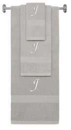 Silver monogrammed towel set with White thread, Chancery font, initial J - 540 GSM cotton 3-piece
