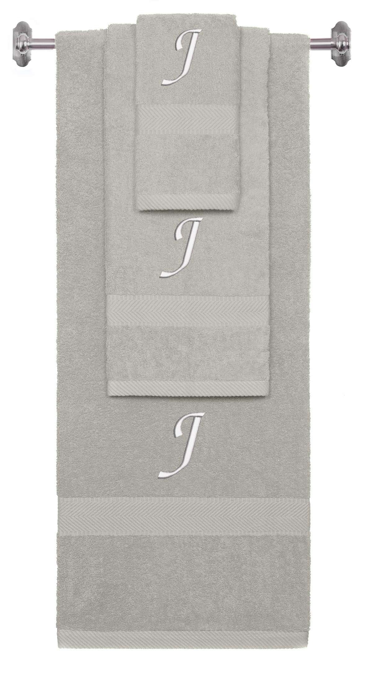 Silver monogrammed towel set with White thread, Chancery font, initial J - 540 GSM cotton 3-piece
