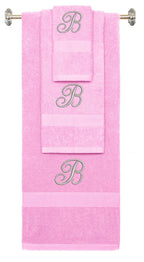 Pink monogrammed towel set with Silver thread, Diana Script font, initial B - 540 GSM cotton 3-piece