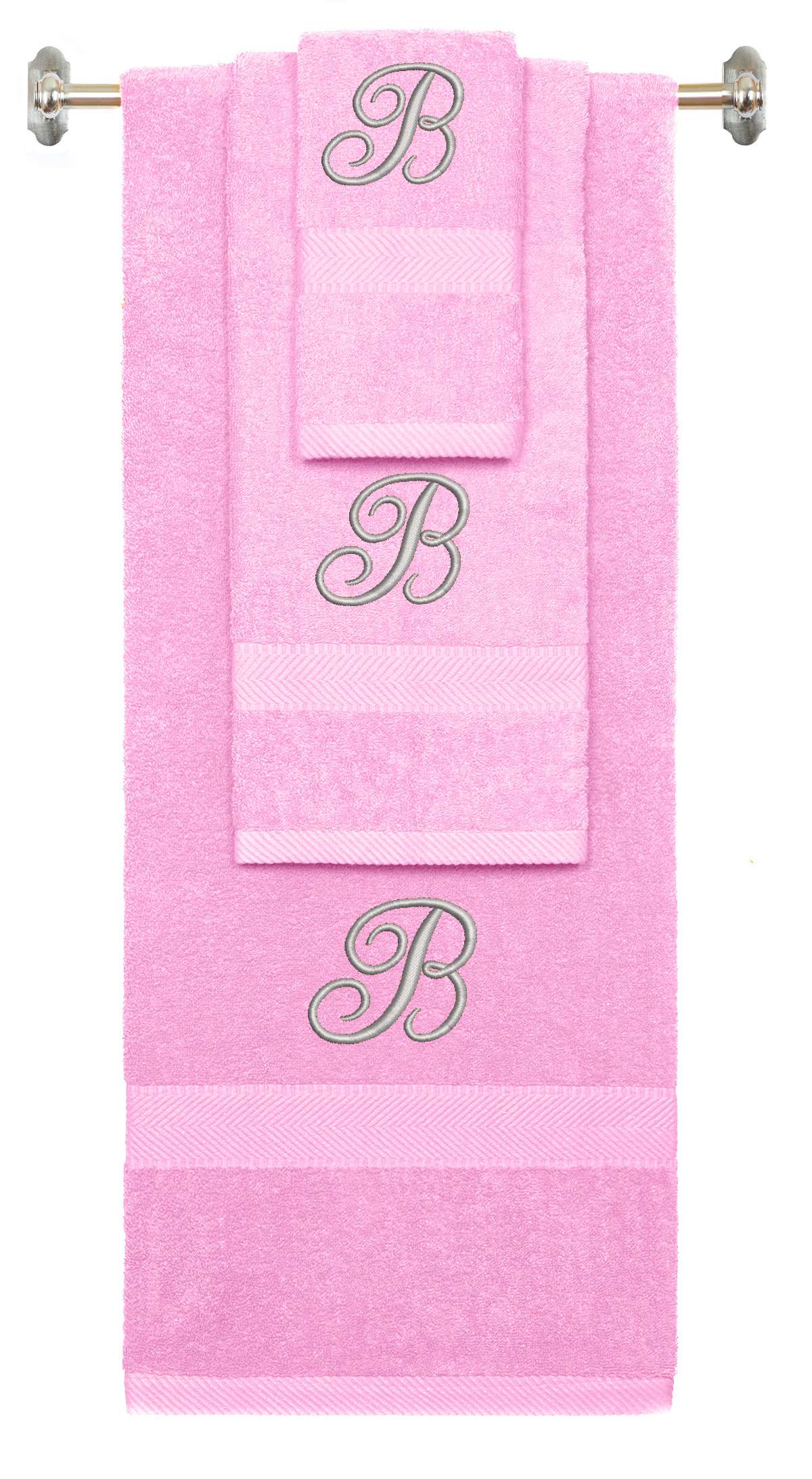 Pink monogrammed towel set with Silver thread, Diana Script font, initial B - 540 GSM cotton 3-piece